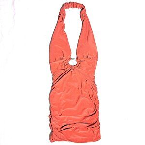 🌺 Coral Ruched Halter Mini Dress – Heart Cutout | XXI / Forever 21 Size Small